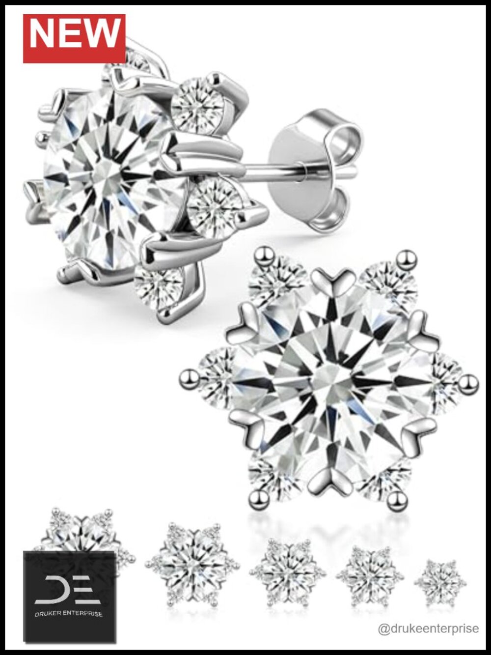 Moissanite Stud Earrings Set 14K White Gold Plated Snowflake 5-9mm